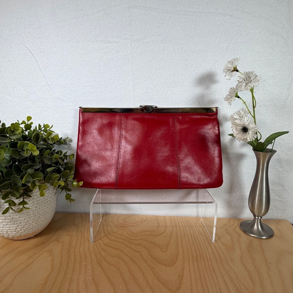 Etra Red Genuine Leather Vintage Clutch Purse Convertible‎ Chain Strap